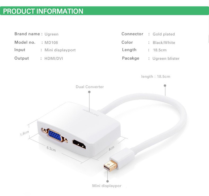 Cáp Mini DisplayPort to VGA + HDMI Ugreen 10439 (Ảnh 2)